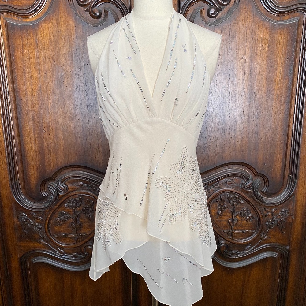 Women's BCBG Maxazria Ivory Sequins Silk Halter Evening Top Size Small